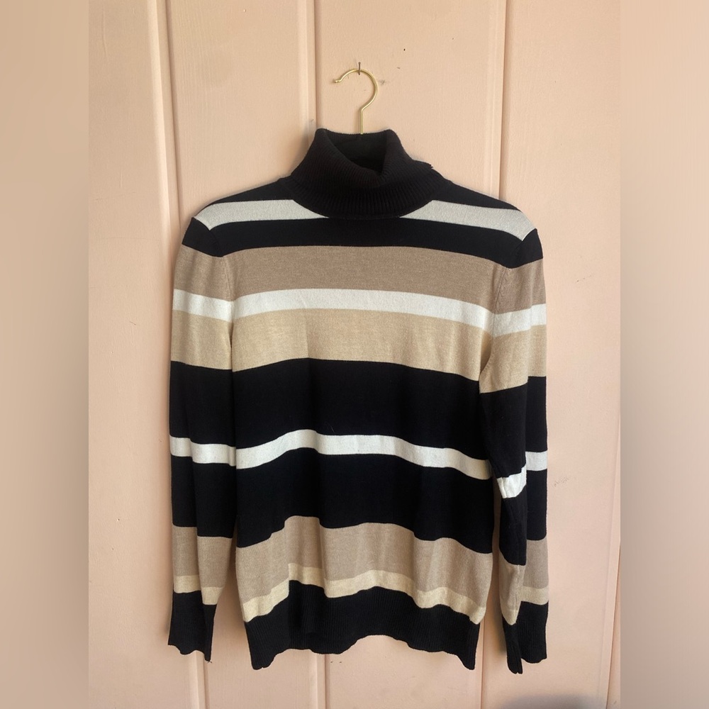 Joseph A Women’s Turtleneck Sweater - Black, White, Tan Stripes